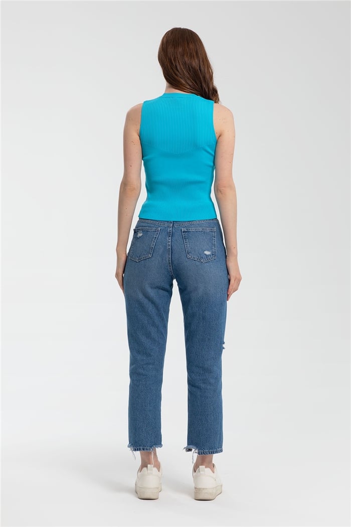 Avrile Bisiklet Yaka Fitilli Triko Atlet  AQUA  A91665-S