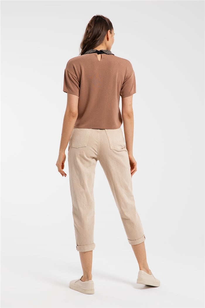 Avrile Boncuklu Yakalı Kısa Kollu Triko Kazak  CAMEL  A91670-S