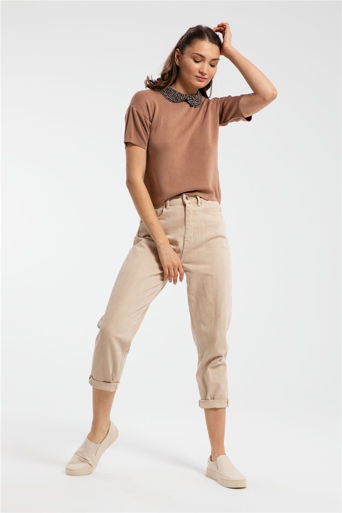 Avrile Boncuklu Yakalı Kısa Kollu Triko Kazak  CAMEL  A91670-S