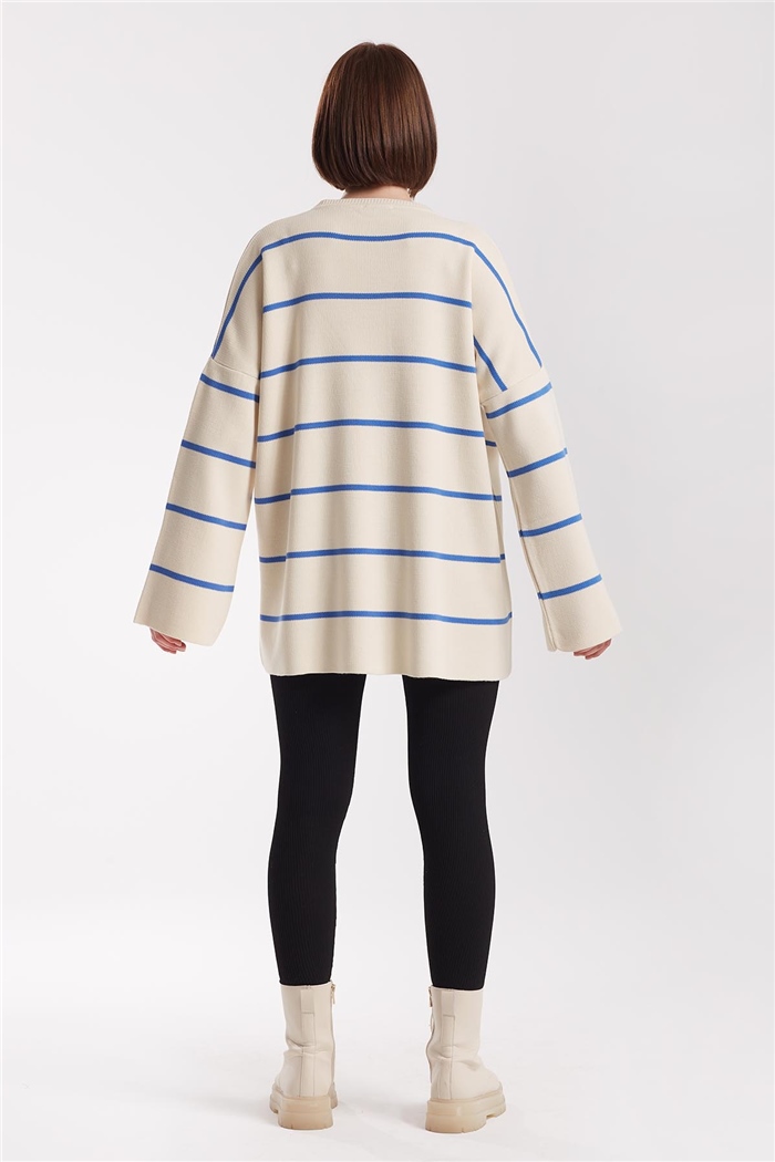 Avrile Çizgili Oversize Triko Kazak  KREM-İNDİGO  A91940-S