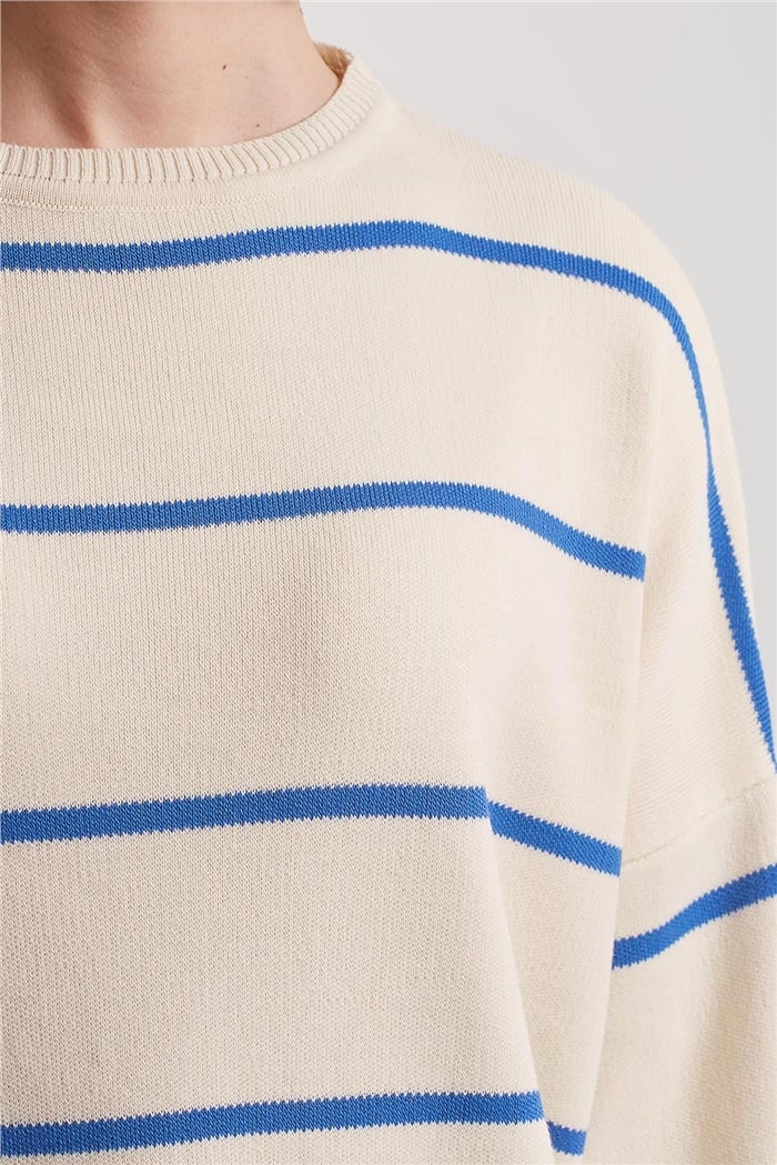 Avrile Çizgili Oversize Triko Kazak  KREM-İNDİGO  A91940-S