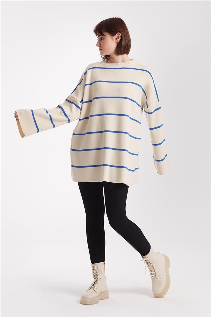 Avrile Çizgili Oversize Triko Kazak  KREM-İNDİGO  A91940-S