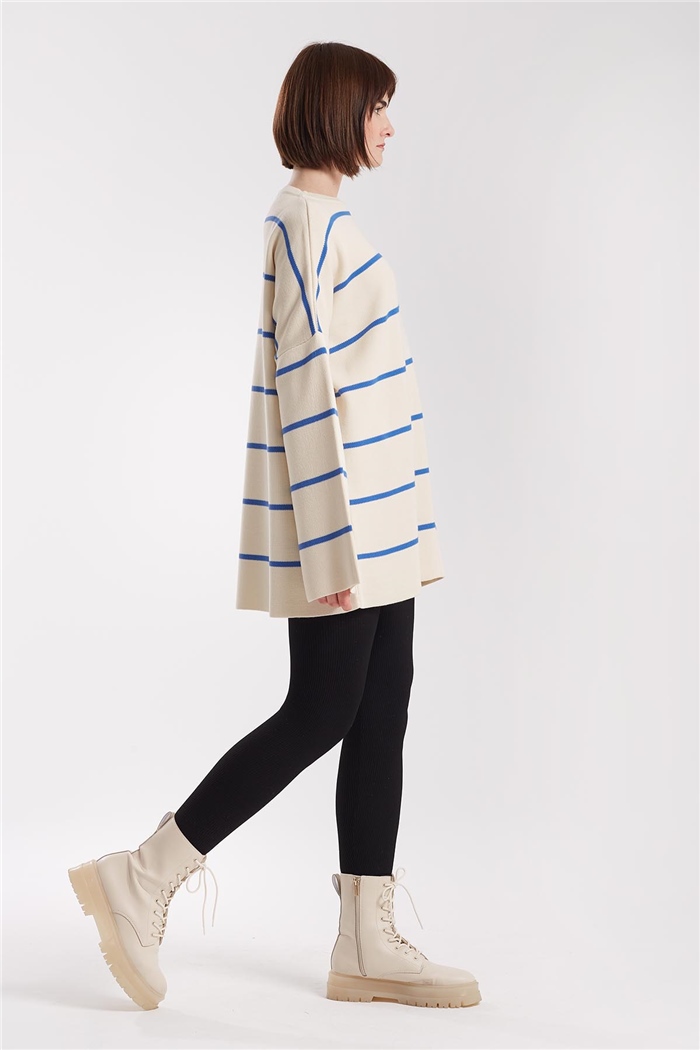 Avrile Çizgili Oversize Triko Kazak  KREM-İNDİGO  A91940-S