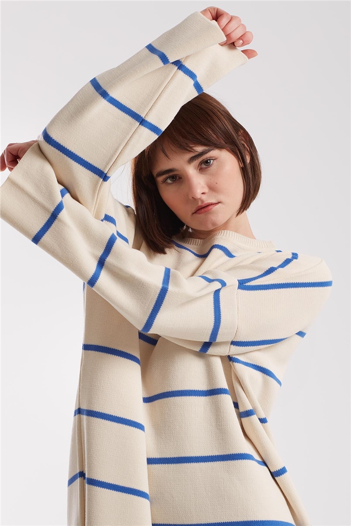 Avrile Çizgili Oversize Triko Kazak  KREM-İNDİGO  A91940-S