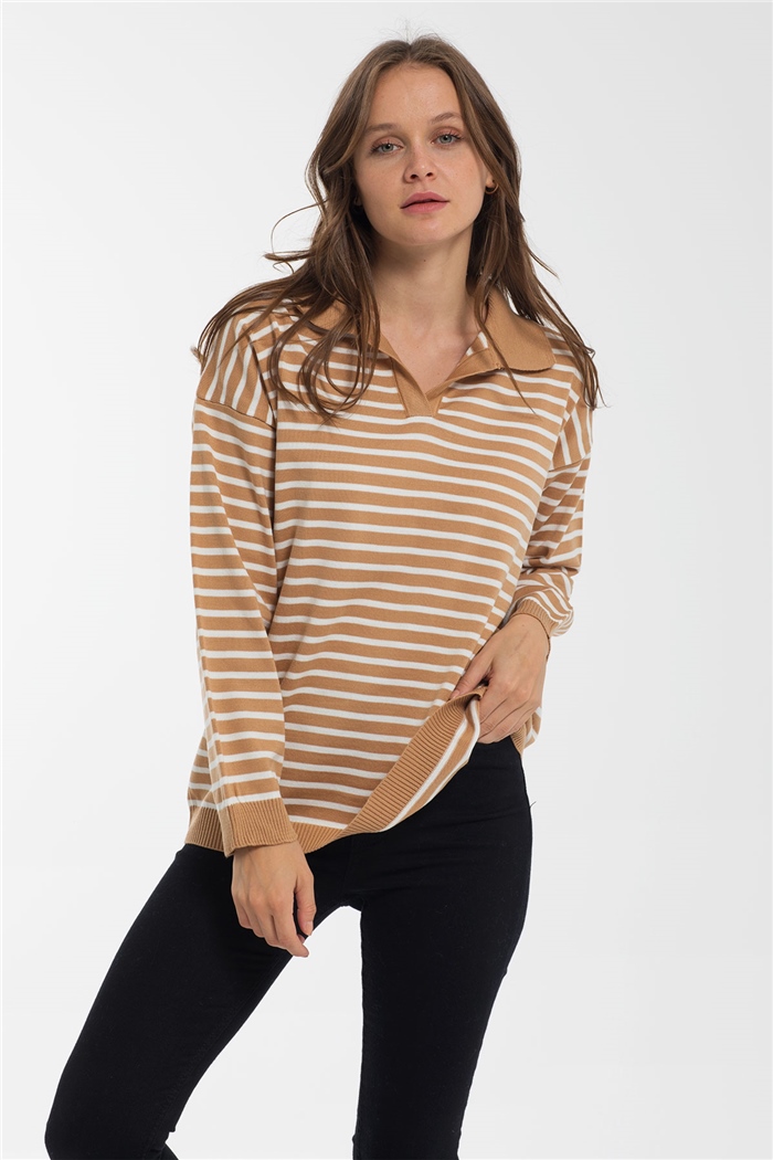 Avrile Çizgili Polo Yaka Salaş Triko Kazak  CAMEL-EKRU  A91899-S