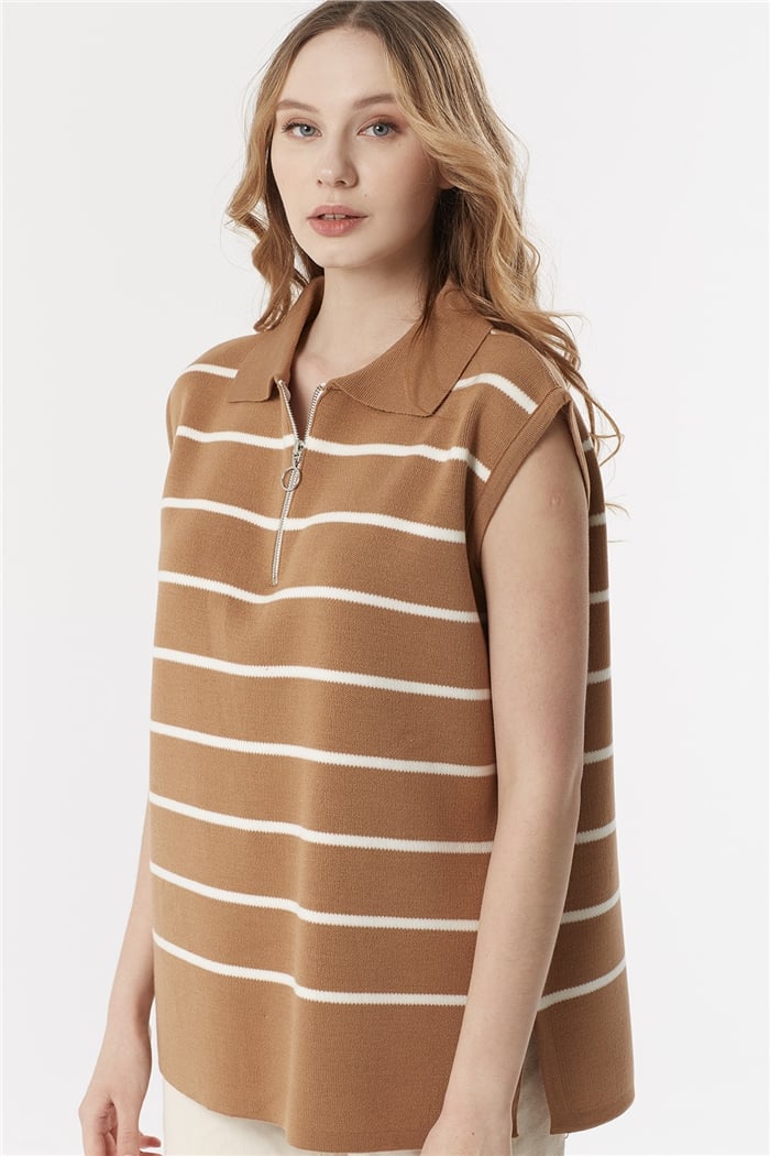 Avrile Çizgili Süveter  CAMEL-EKRU  A92007-S