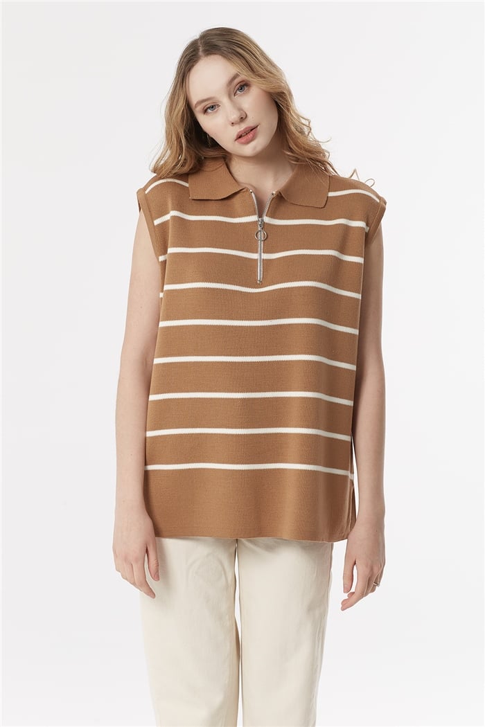 Avrile Çizgili Süveter  CAMEL-EKRU  A92007-S