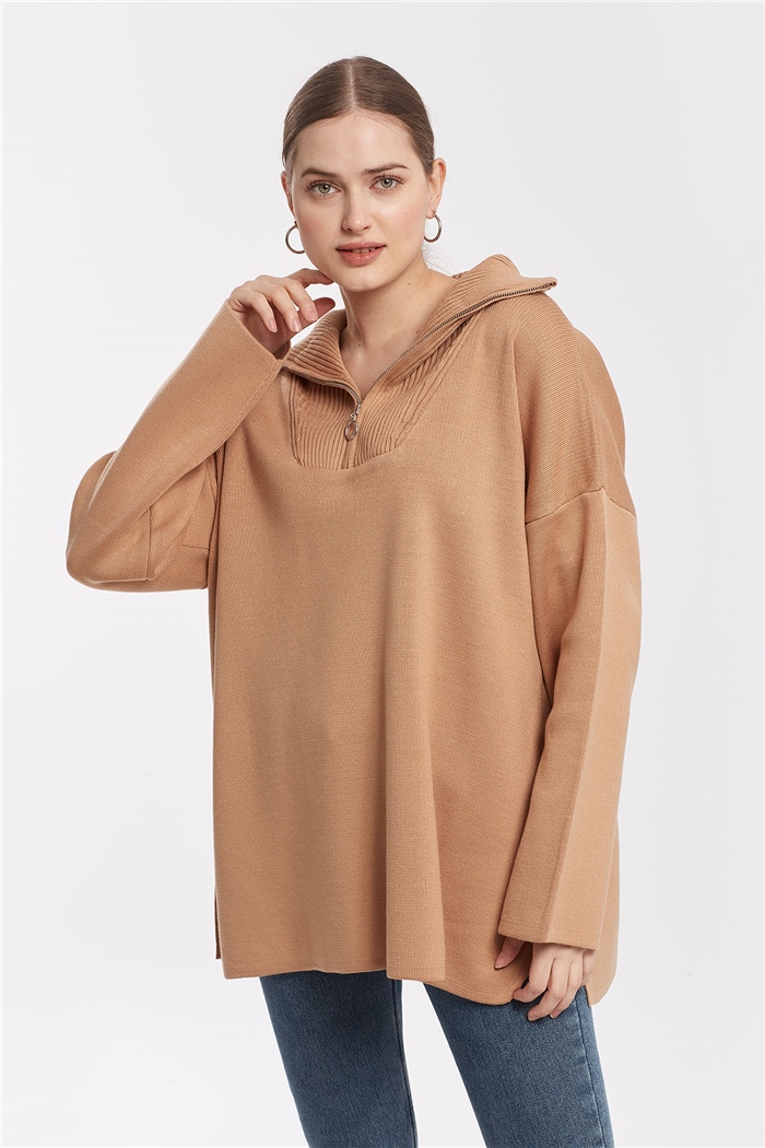 Avrile Fermuarlı Yırtmaçlı Triko Tunik  CAMEL  A91974-S