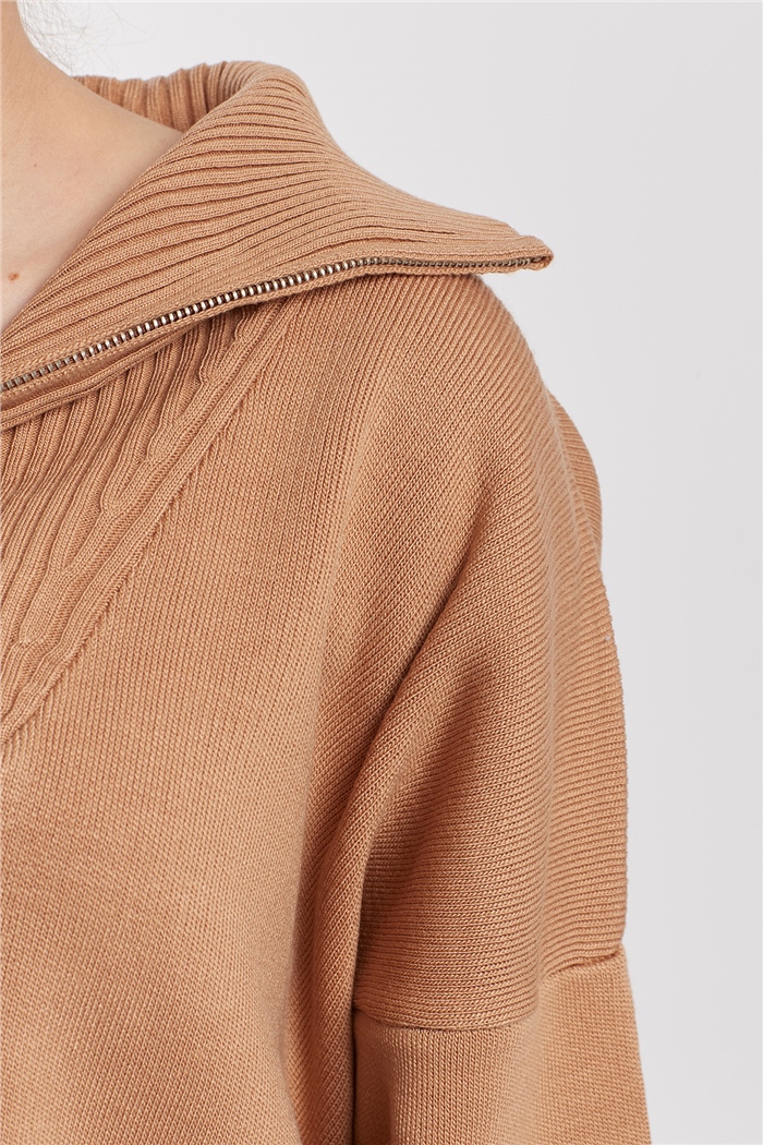 Avrile Fermuarlı Yırtmaçlı Triko Tunik  CAMEL  A91974-S