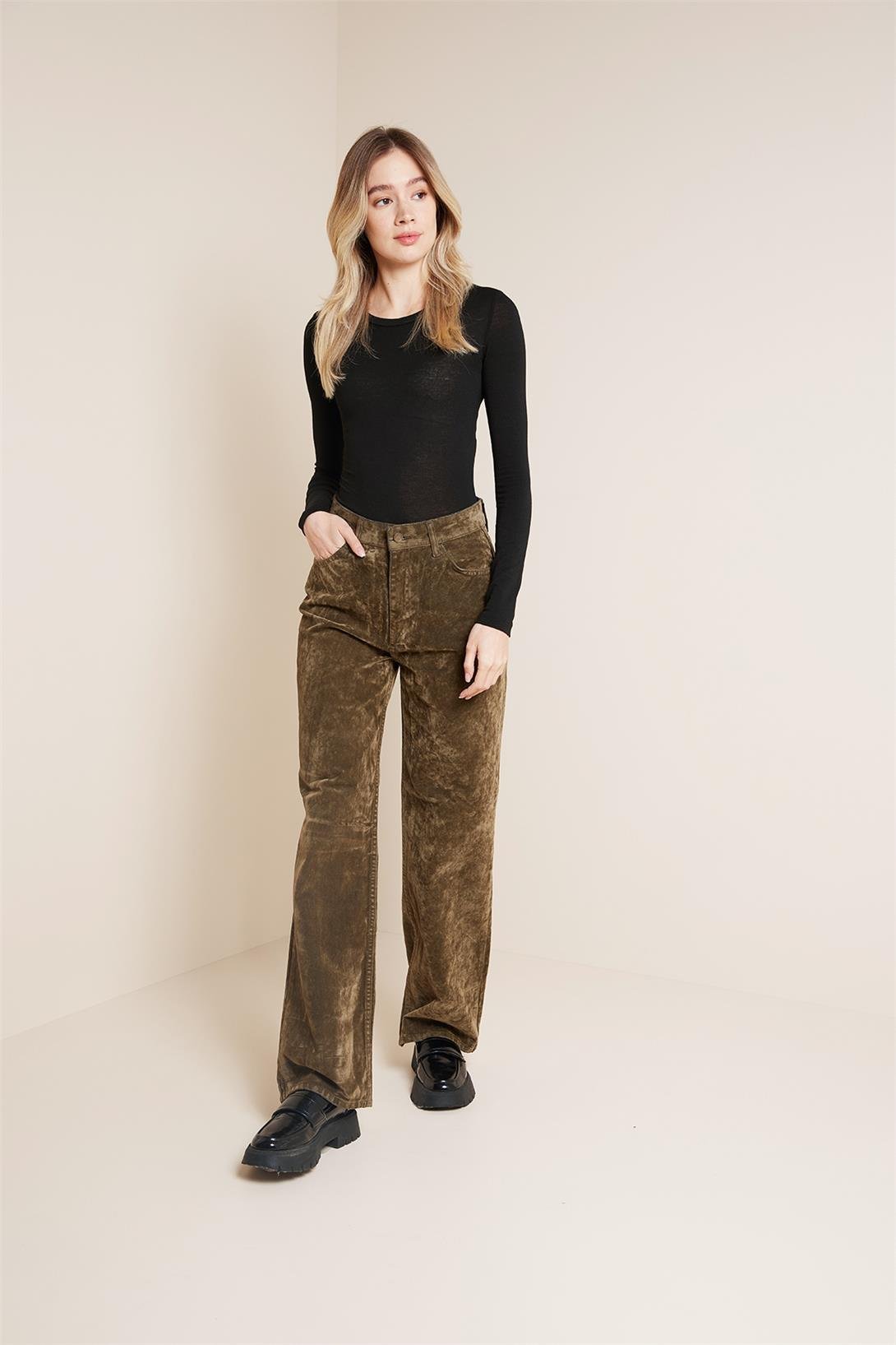 Avrile  FLOKLU STRAIGHT FIT DENIM PANTOLON YAĞ YEŞİLİ AP25-847