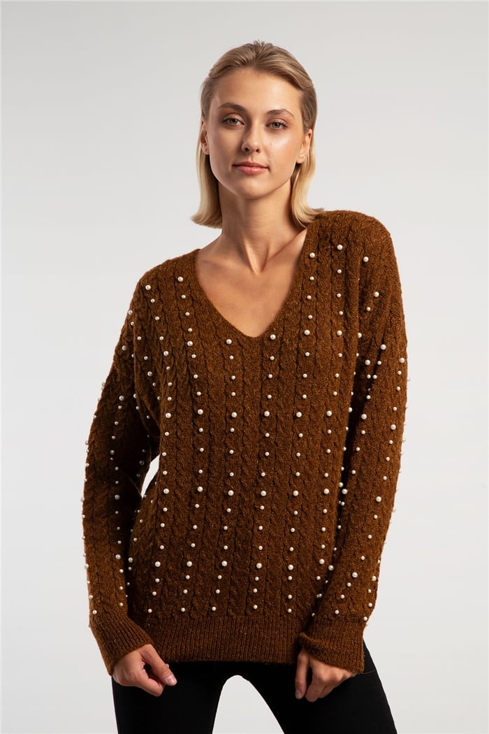 Avrile İncili Saçlı V Yaka Triko Kazak  CAMEL  A91428-S