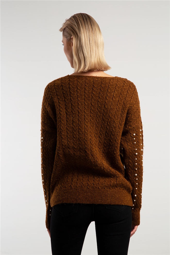 Avrile İncili Saçlı V Yaka Triko Kazak  CAMEL  A91428-S