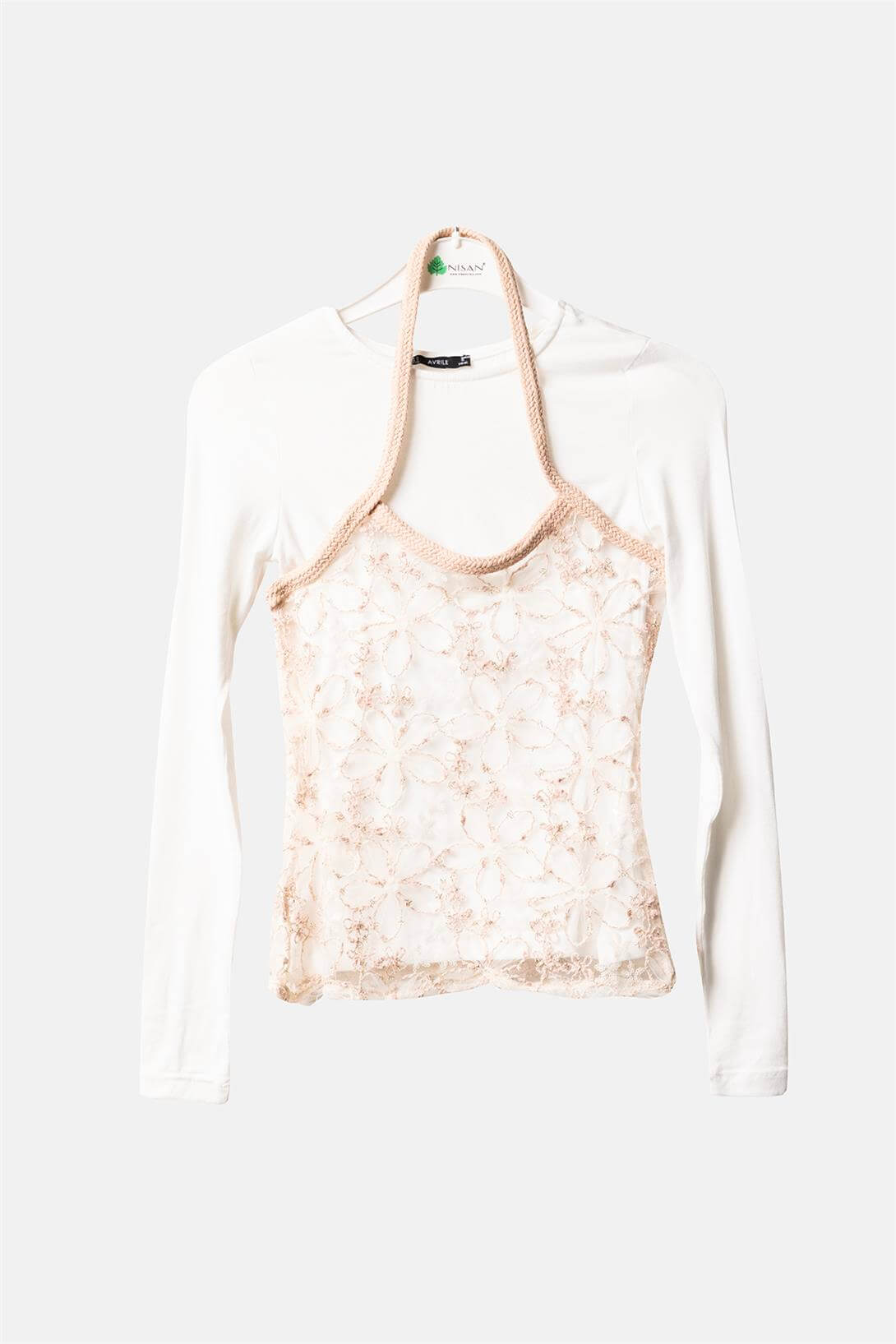 Avrile  İŞLEMELİ TÜL DETAYLI UZUN KOLLU T-SHIRT PUDRA A25-10366