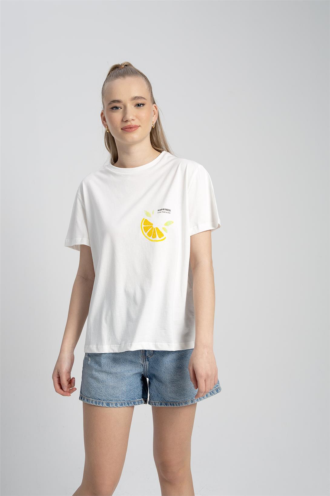 Avrile Kadın Baskılı T-Shirt EKRU A23-10107