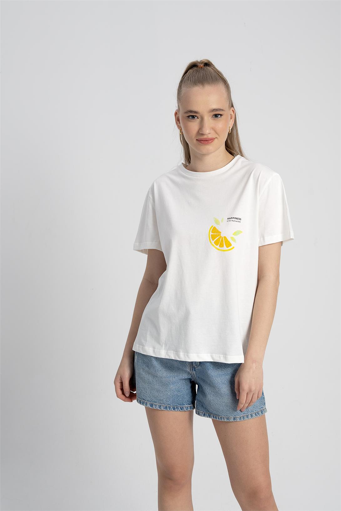 Avrile Kadın Baskılı T-Shirt EKRU A23-10107