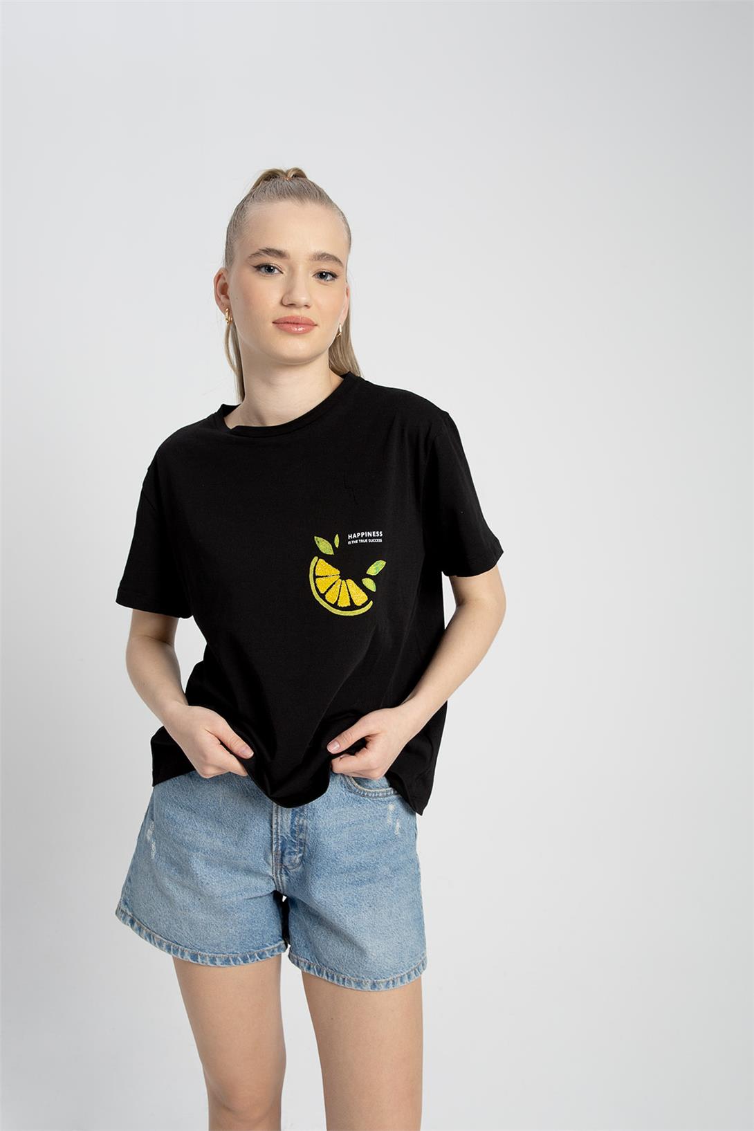 Avrile Kadın Baskılı T-Shirt SİYAH A23-10107