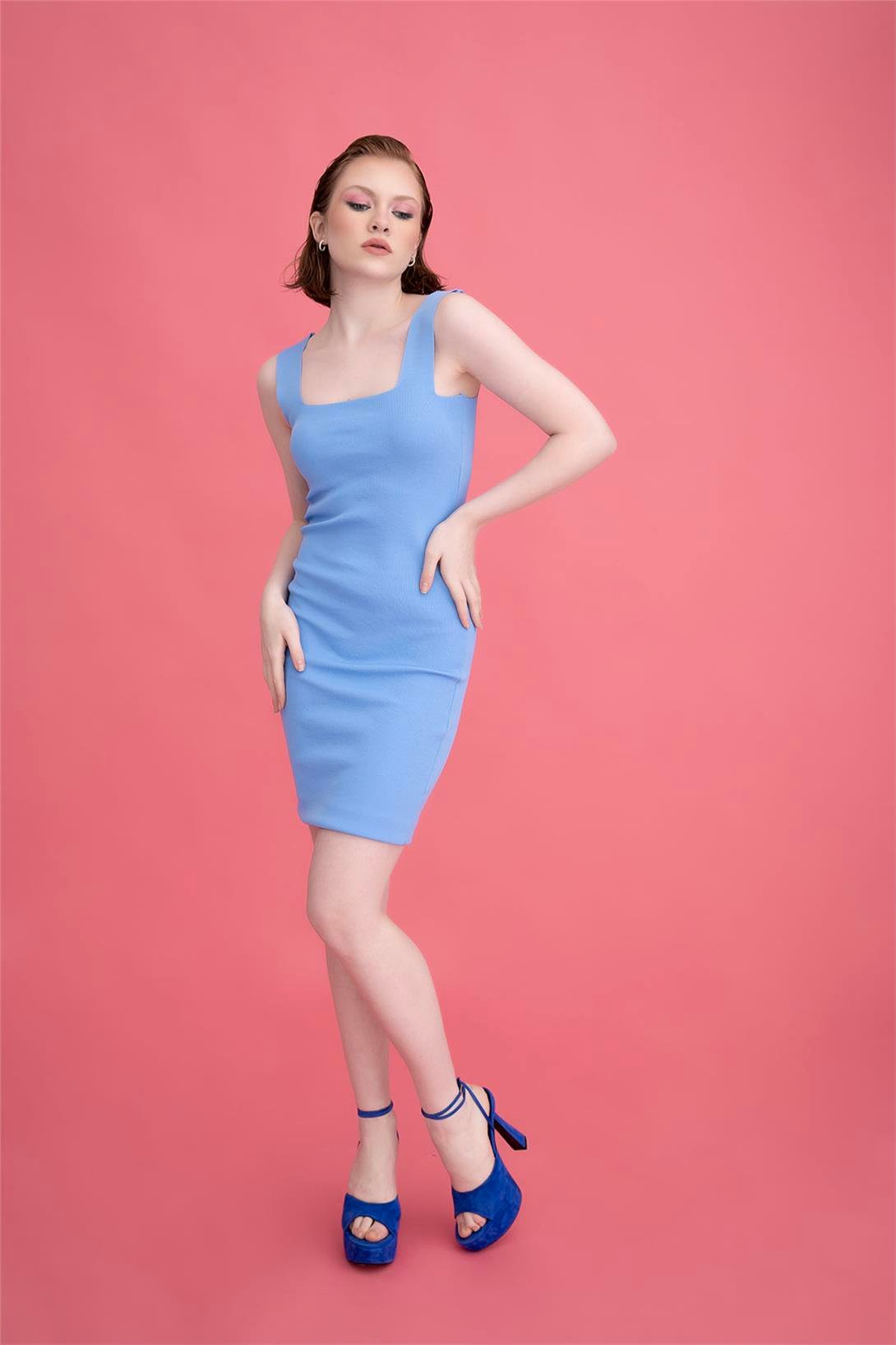 Avrile Kadın Kare Yaka Askılı Triko Elbise BEBE MAVİ A90827
