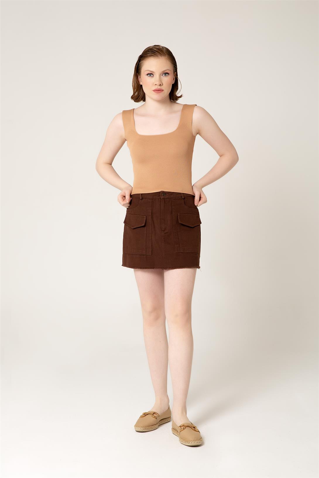 Avrile Kadın Kare Yakalı Triko Atlet CAMEL A90779-S