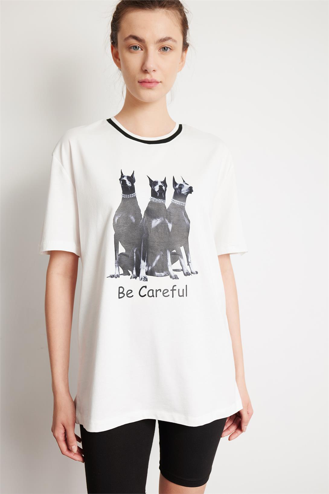 Avrile Kadın KÖPEK BASKILI T-SHIRT EKRU MA24-1073