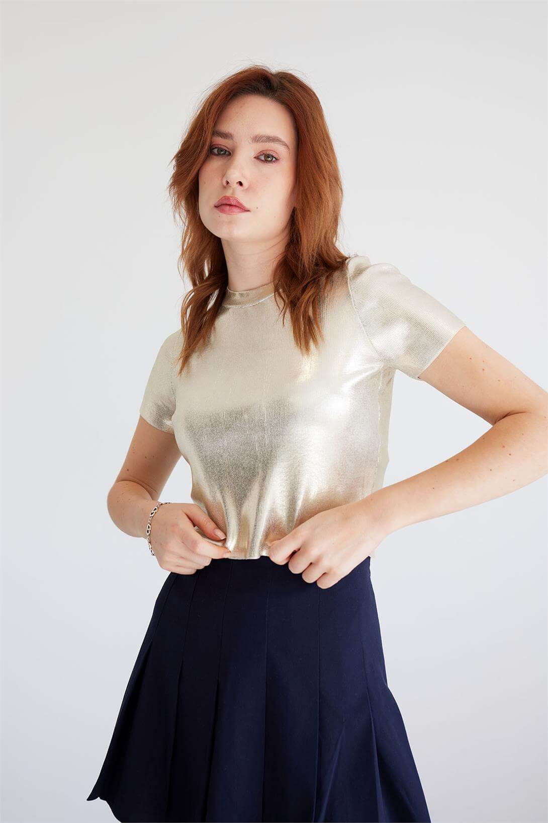 Avrile Kadın METALİK TRİKO T-SHIRT BEYAZ A92508-S