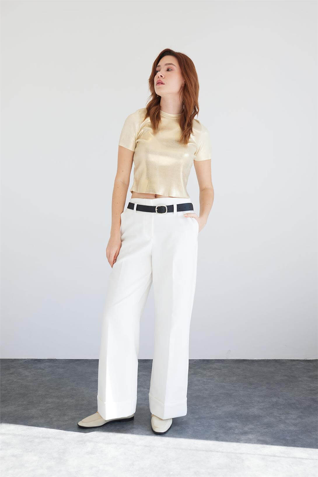 Avrile Kadın METALİK TRİKO T-SHIRT HAM EKRU A92508-S