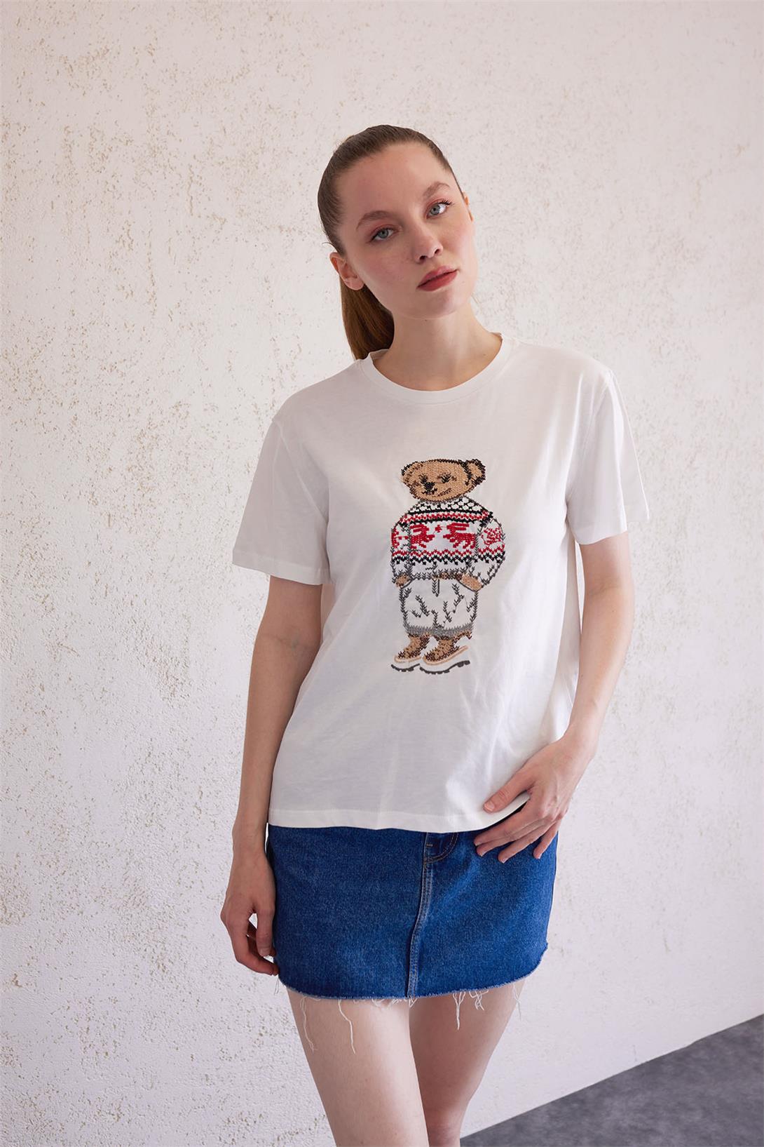 Avrile Kadın Nakışlı Kısa Kollu T-Shirt EKRU MA23-1017
