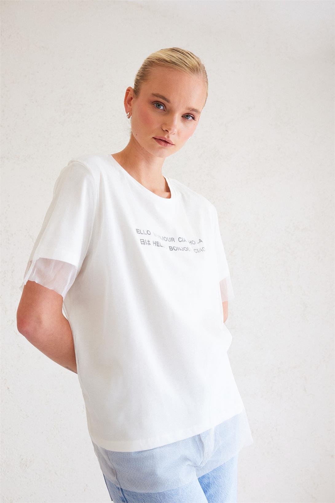 Avrile Kadın Tül Detaylı T-Shirt EKRU MA23-1009