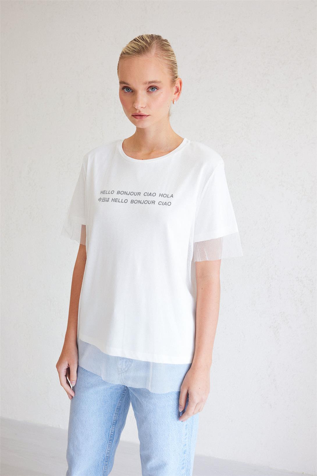 Avrile Kadın Tül Detaylı T-Shirt EKRU MA23-1009