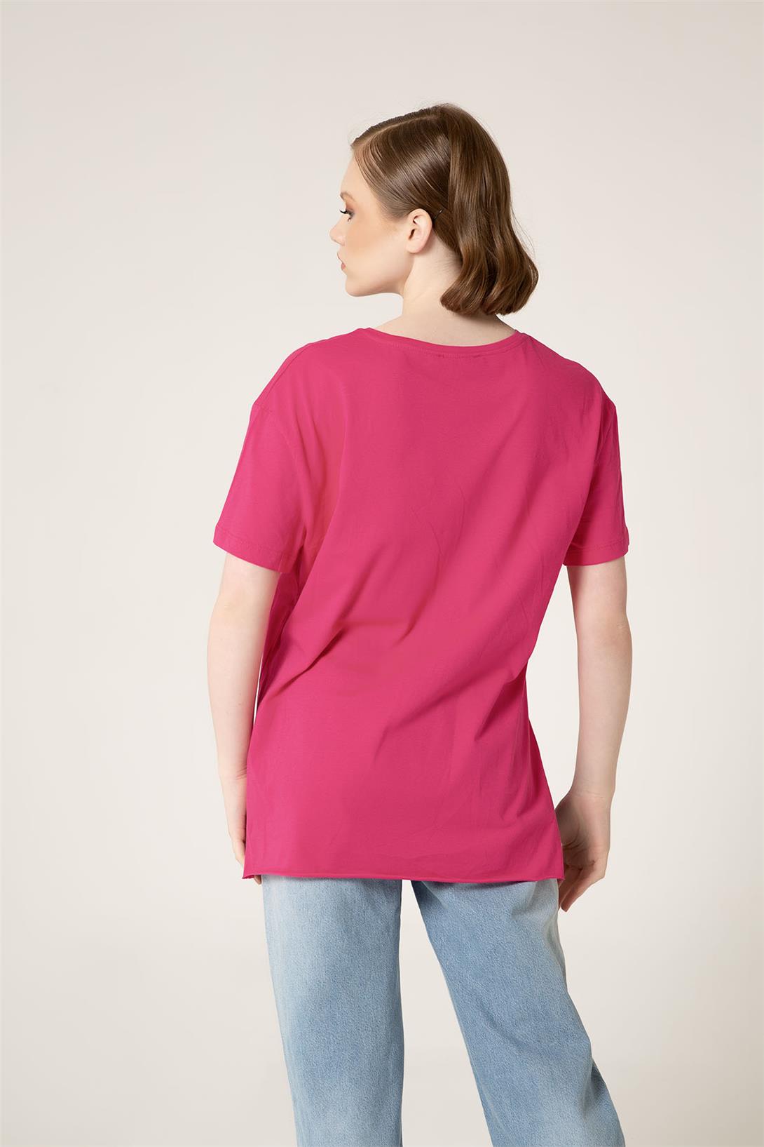Avrile Kadın V Yaka Basic T-Shirt FUŞYA A23-10115