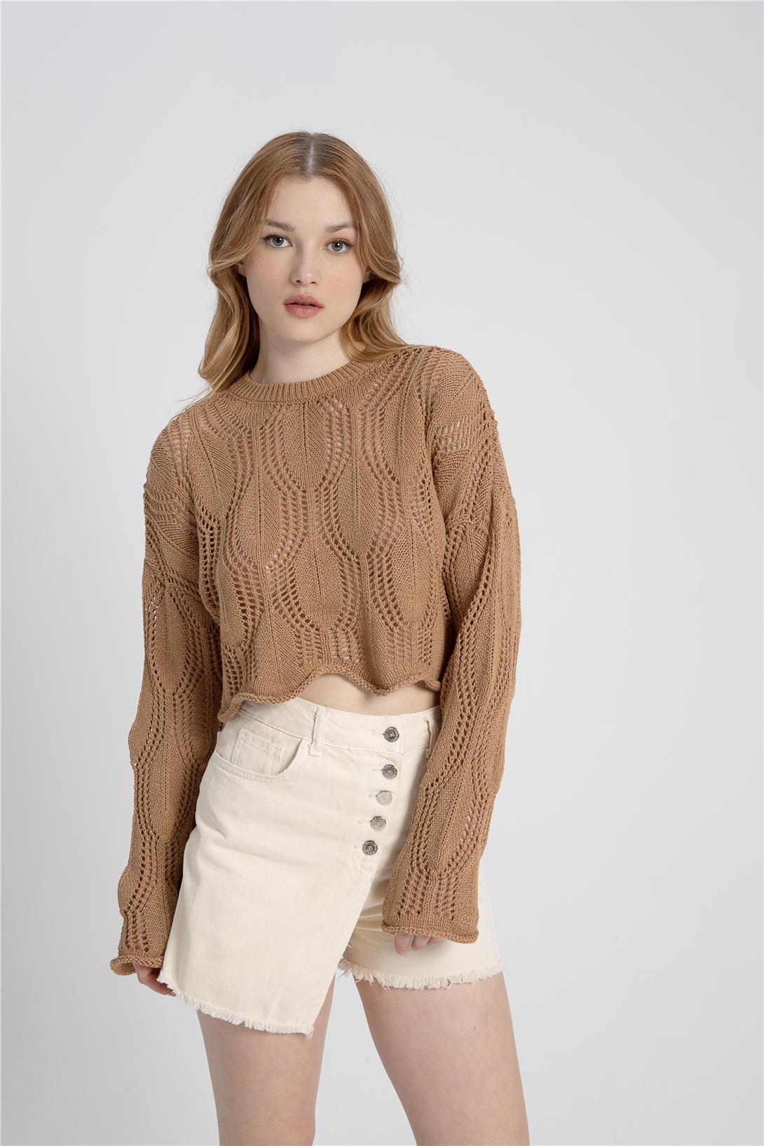 Avrile Kadın Yaprak Desenli Triko Kazak CAMEL A92244-S