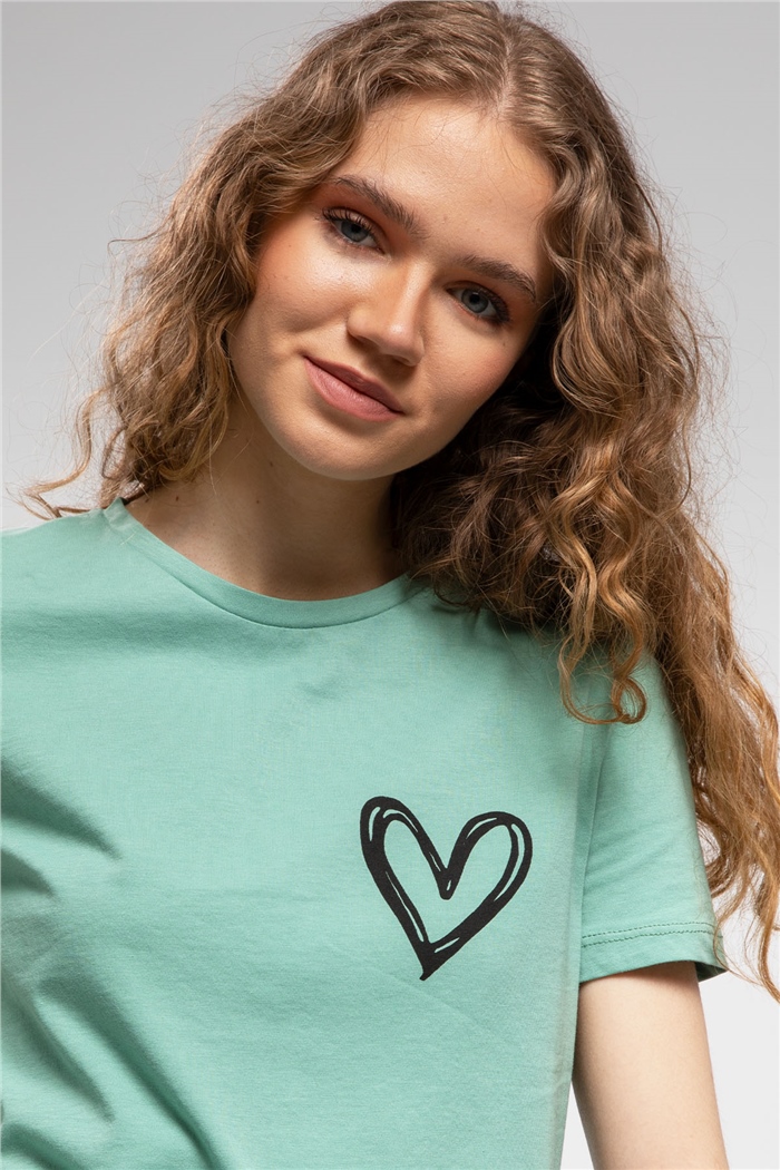 Avrile Kalp Baskılı T-Shirt  MİNT YEŞİLİ  A21-10432