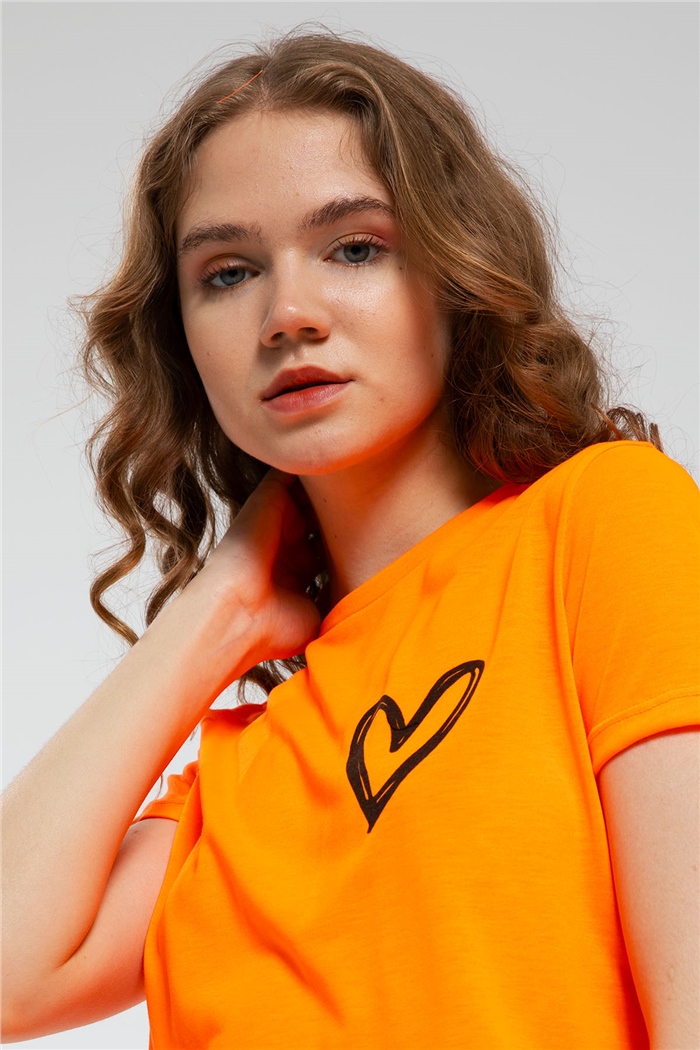 Avrile Kalp Baskılı T-Shirt  NEON ORANJ  A21-10432