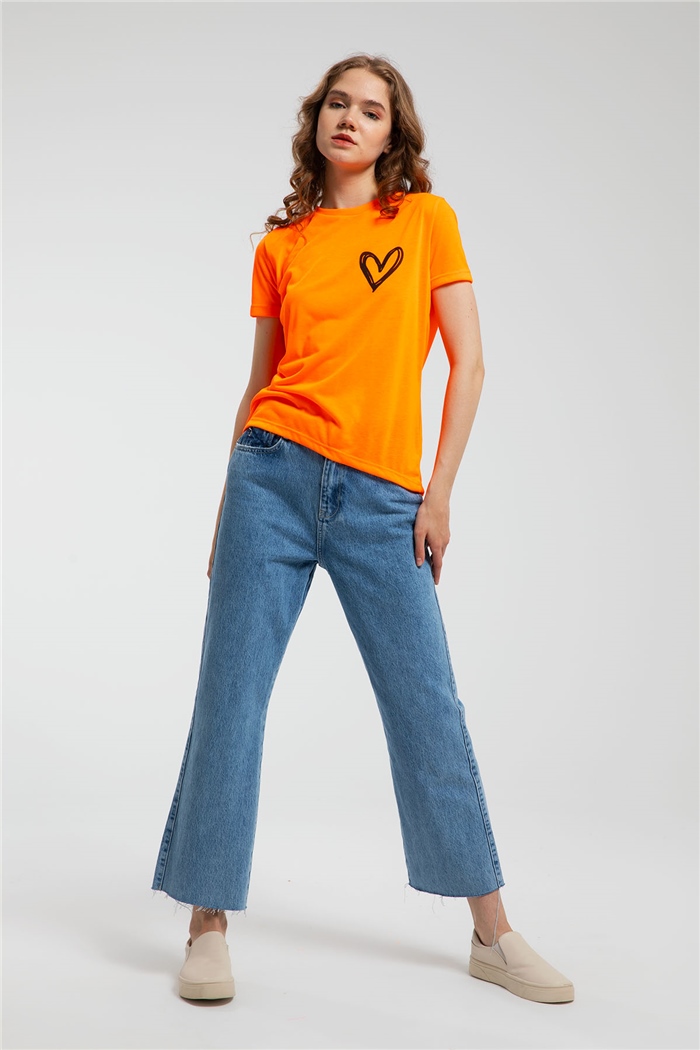 Avrile Kalp Baskılı T-Shirt  NEON ORANJ  A21-10432