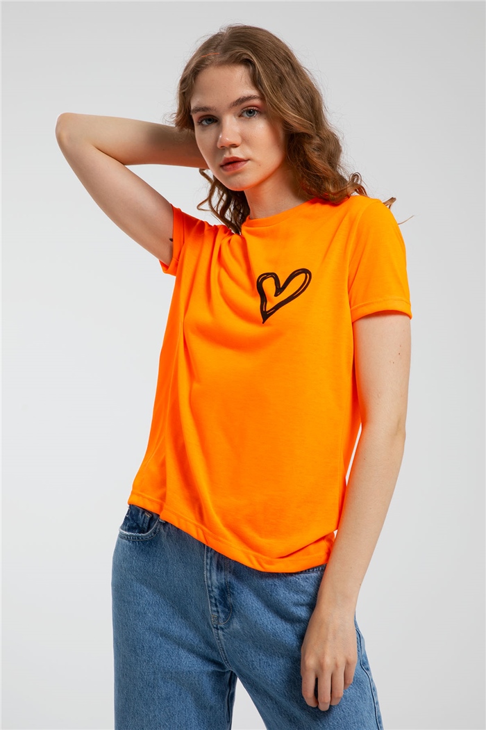 Avrile Kalp Baskılı T-Shirt  NEON ORANJ  A21-10432