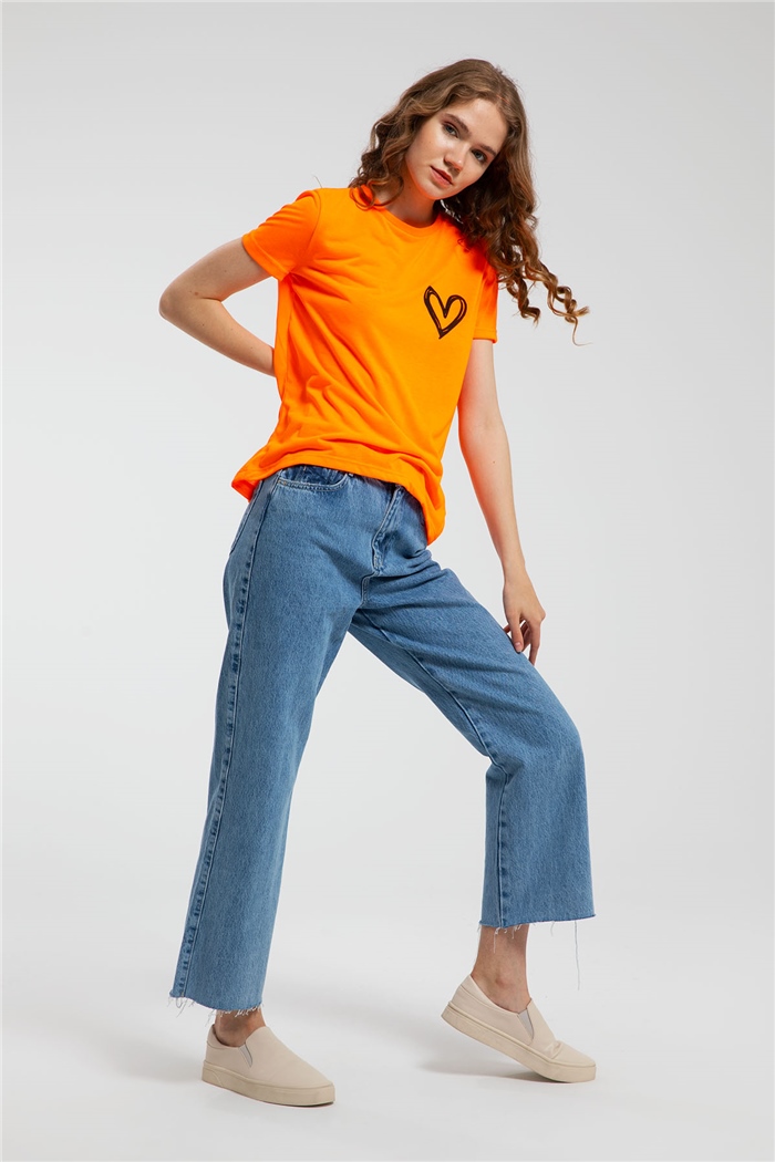 Avrile Kalp Baskılı T-Shirt  NEON ORANJ  A21-10432