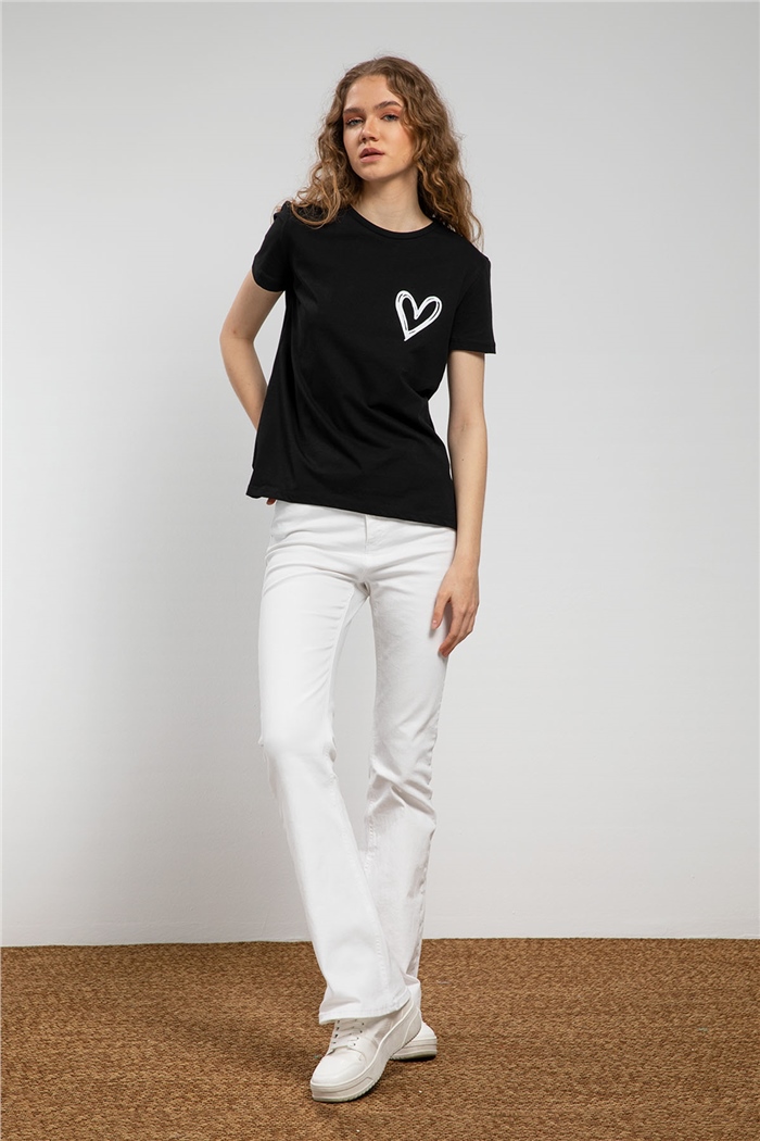 Avrile Kalp Baskılı T-Shirt  SİYAH  A21-10432