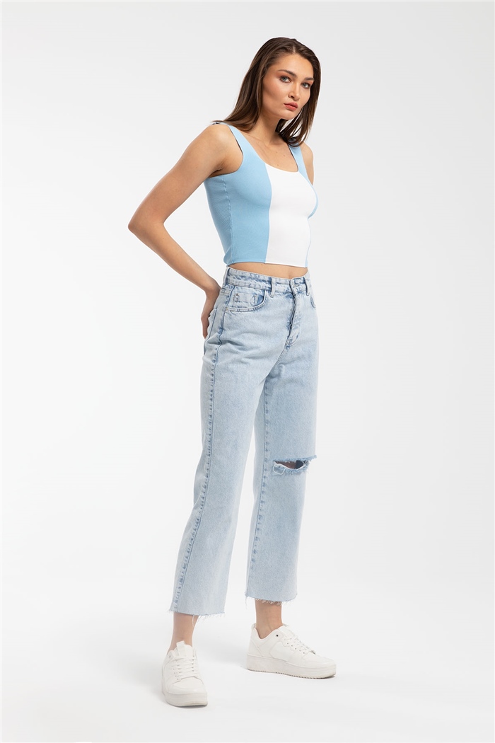 Avrile Kare Yaka İki Renkli Triko Bluz  BEBE MAVİ  A91785-S