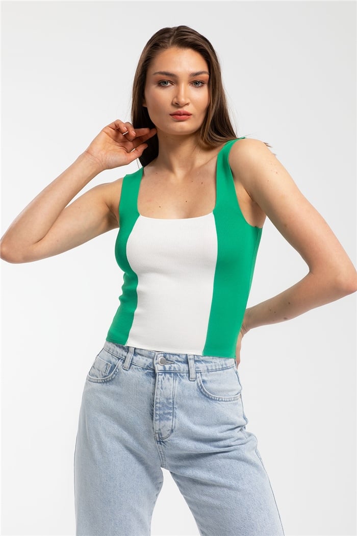 Avrile Kare Yaka İki Renkli Triko Bluz  YEŞİL  A91785-S