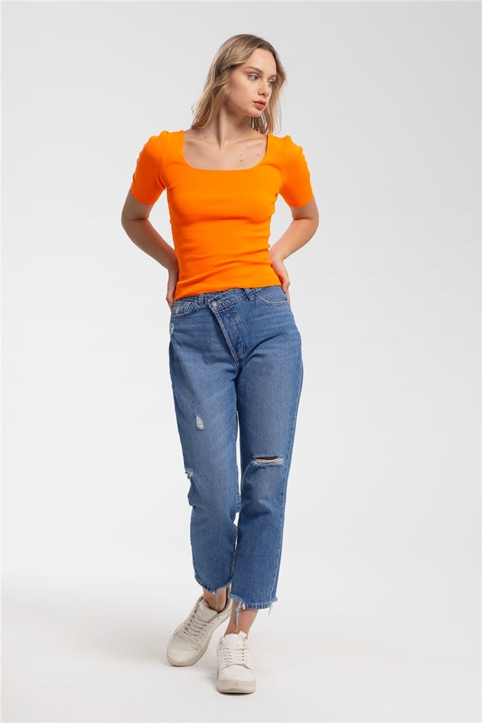 Avrile Kare Yaka Kısa Kollu Triko Kazak  NEON ORANJ  A91617-S