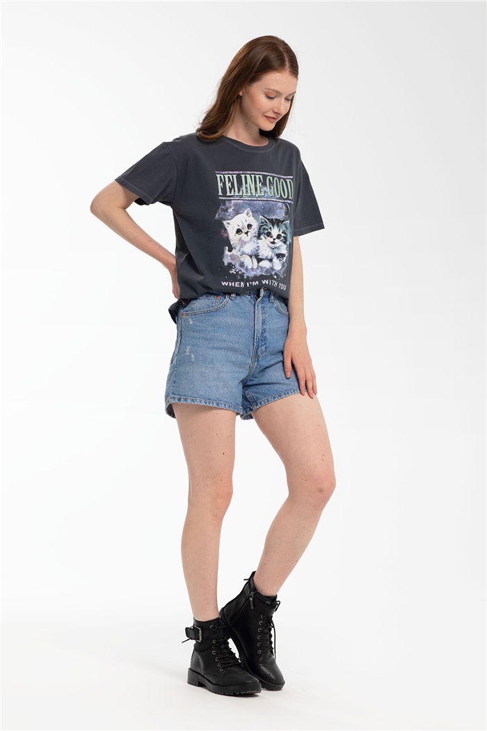 Avrile Kedi Baskılı Tshirt  BEYAZ  A21-10468