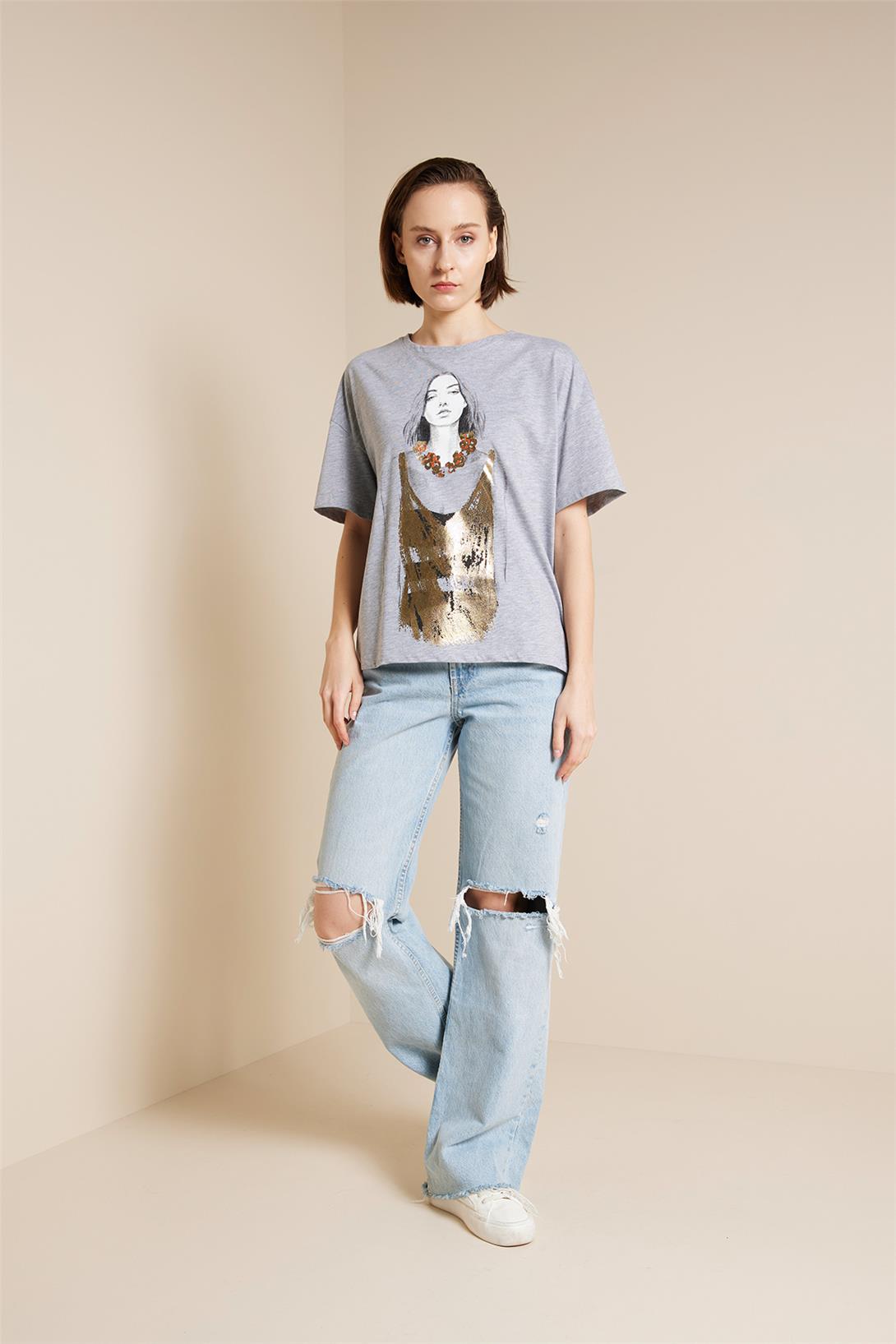 Avrile  KIZ BASKILI T-SHIRT GRİ SA25-1001