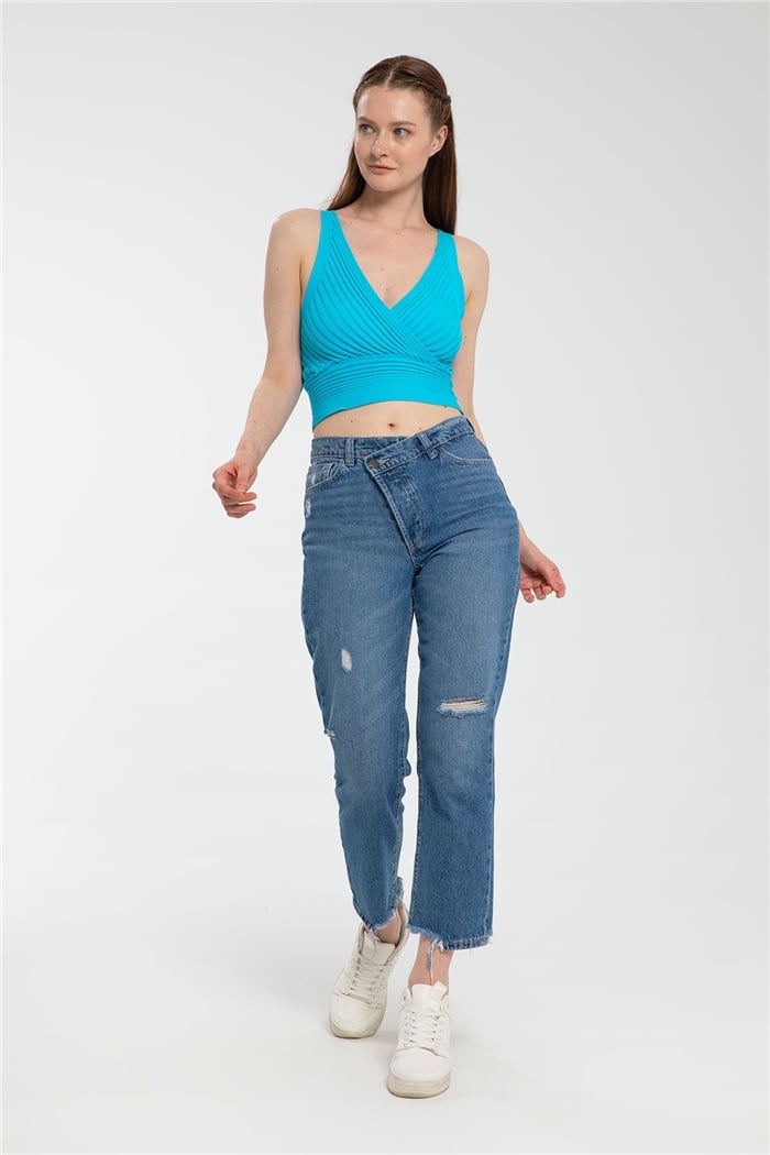 Avrile Kruvaze Yaka Fitilli Triko Bluz  AQUA  A91748-S