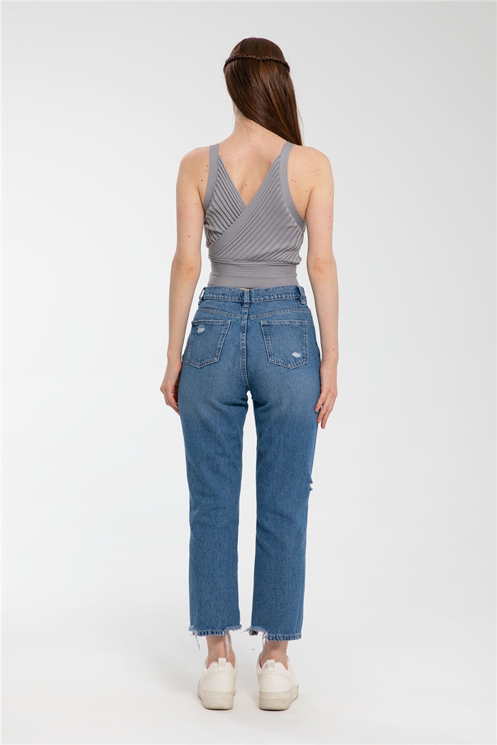 Avrile Kruvaze Yaka Fitilli Triko Bluz  GRİ  A91748-S