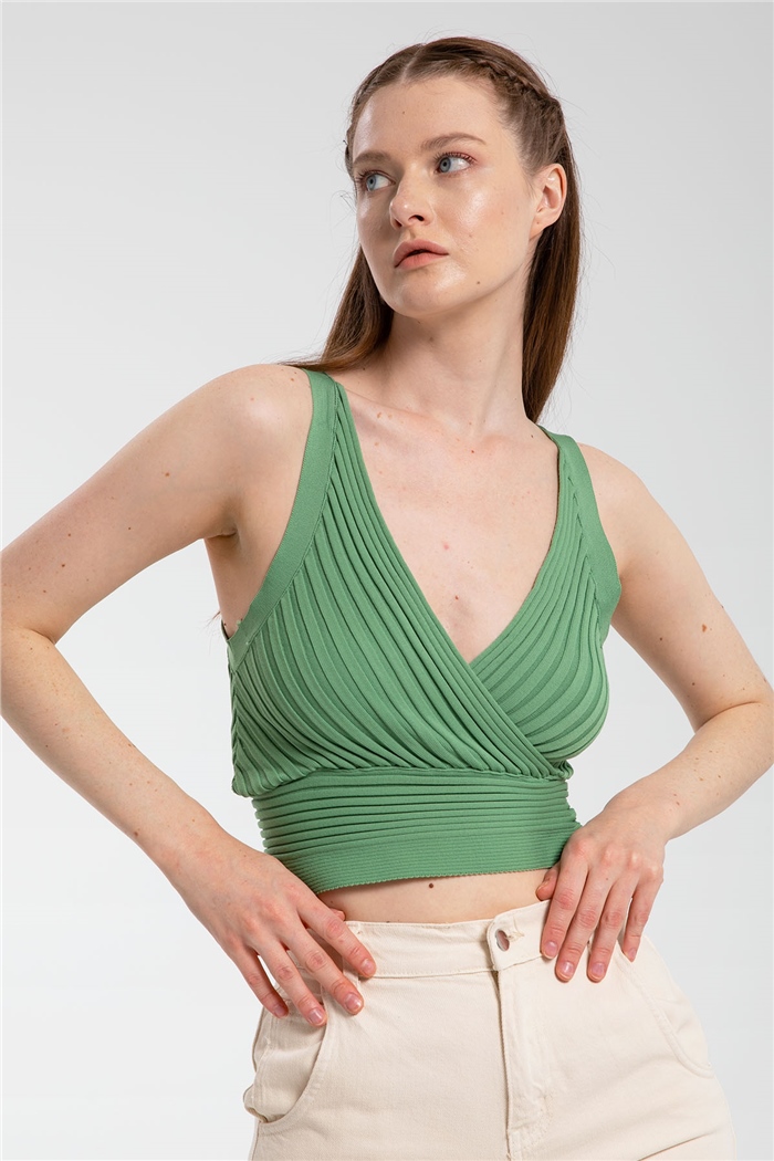Avrile Kruvaze Yaka Fitilli Triko Bluz  MİNT YEŞİLİ  A91748-S