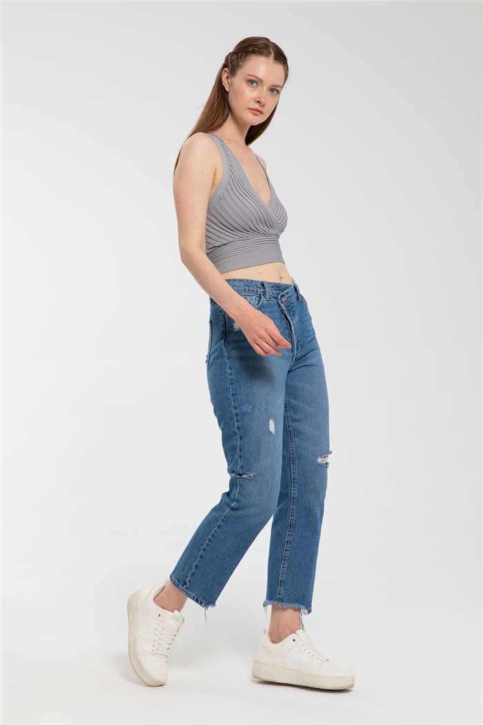 Avrile Kruvaze Yaka Fitilli Triko Bluz  GRİ  A91748-S