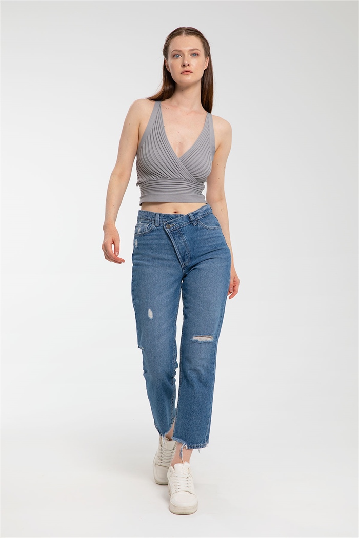 Avrile Kruvaze Yaka Fitilli Triko Bluz  GRİ  A91748-S