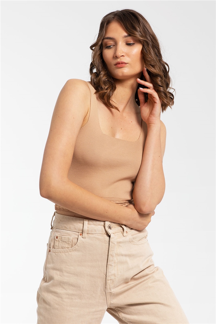 Avrile Lastiği Desenli Triko Bluz  CAMEL  A91741-S