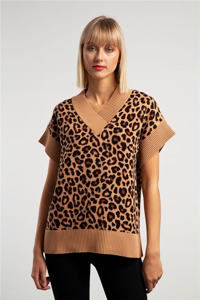 Avrile Leopar Desenli Triko Süveter  CAMEL  A91456-S