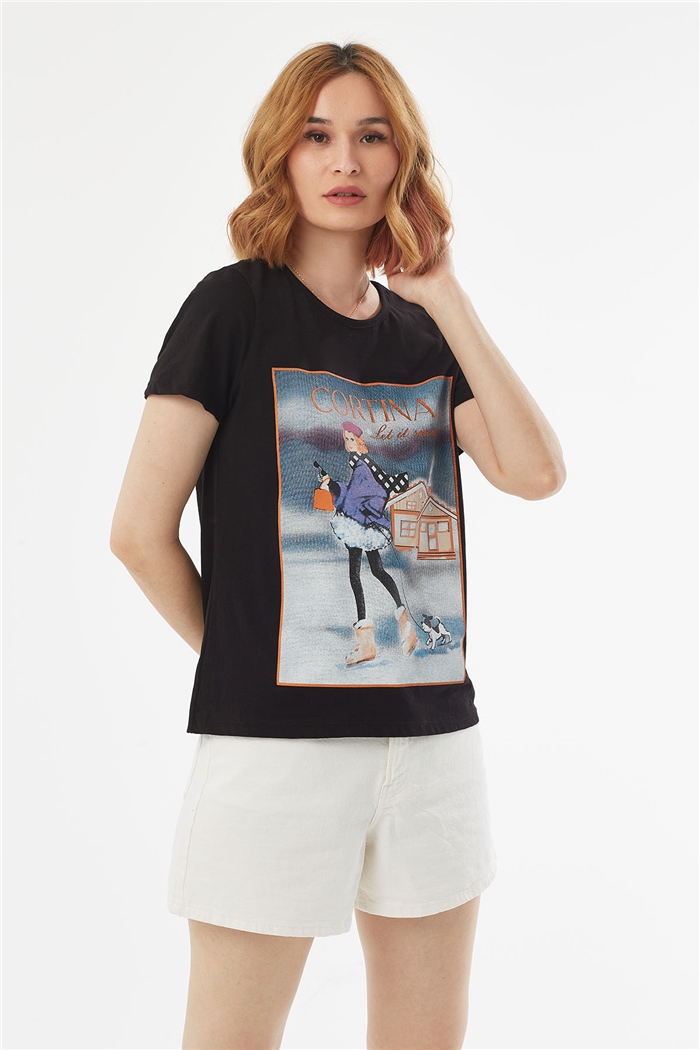 Avrile ÖN BASKILI T-SHIRT  SİYAH  A22-10571