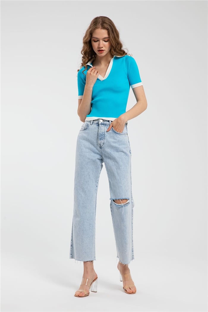 Avrile Polo Yaka Fitilli Triko Kazak  AQUA  A91647-S